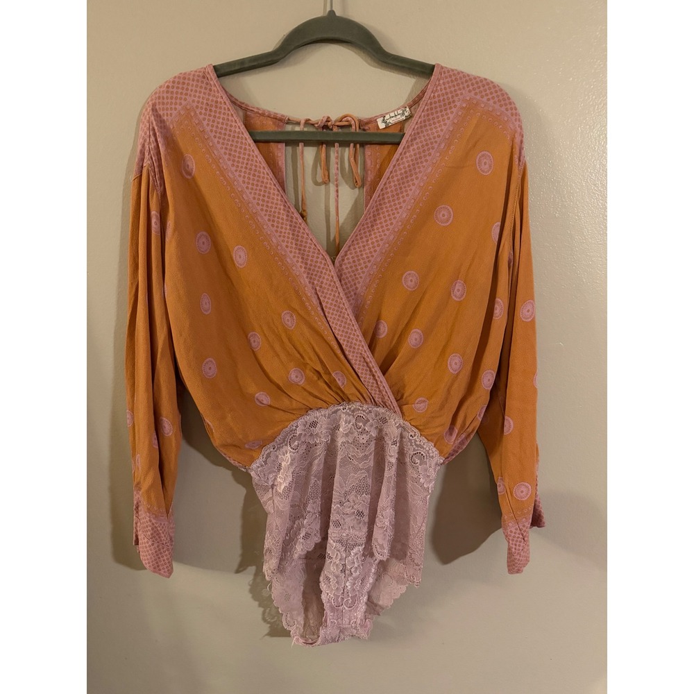 Intimately Free People Bodysuit Orange Pink Lace Medallion Print Boho Small S P